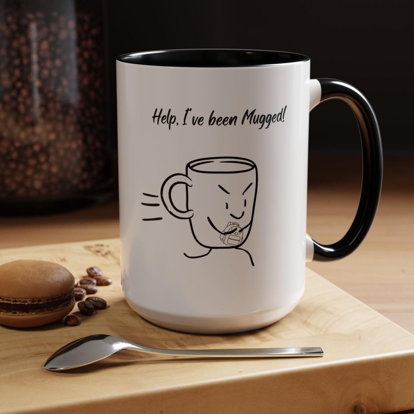 Mug — "Help, I’ve Been Mugged!" Funny Coffee Mug, Black Accent Ceramic Cup (11/15oz)
