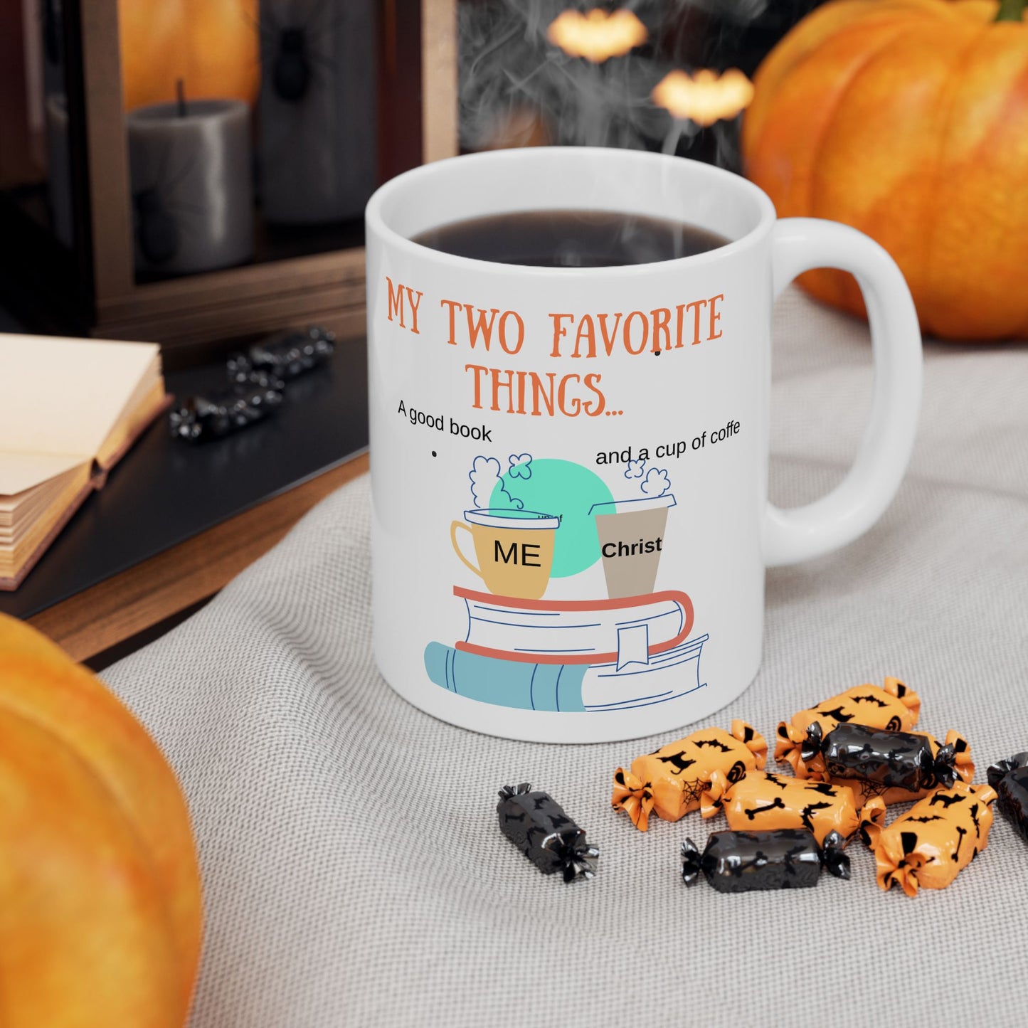 Ceramic Mug - "My Two Favorite Things" Illustrated Coffee & Books Gift (11oz, 15oz)