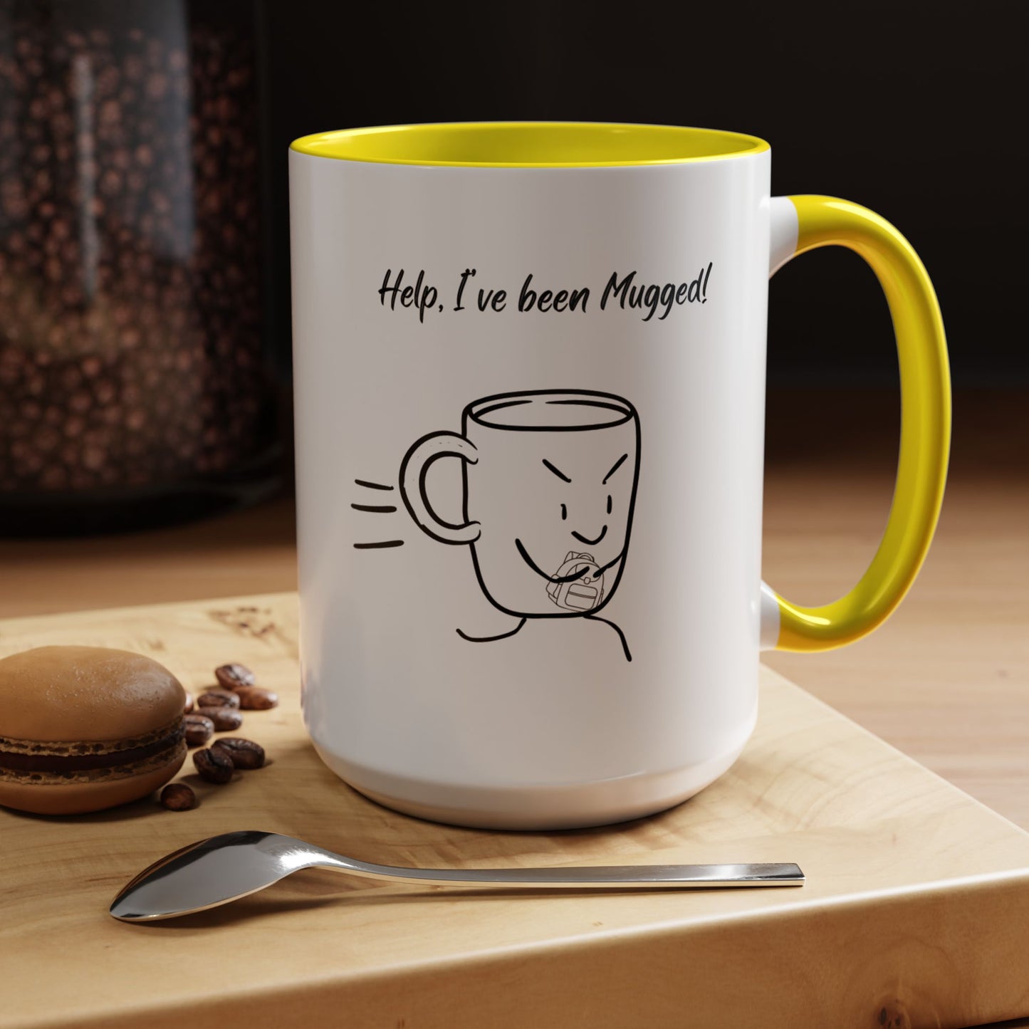 Mug — "Help, I’ve Been Mugged!" Funny Coffee Mug, Black Accent Ceramic Cup (11/15oz)